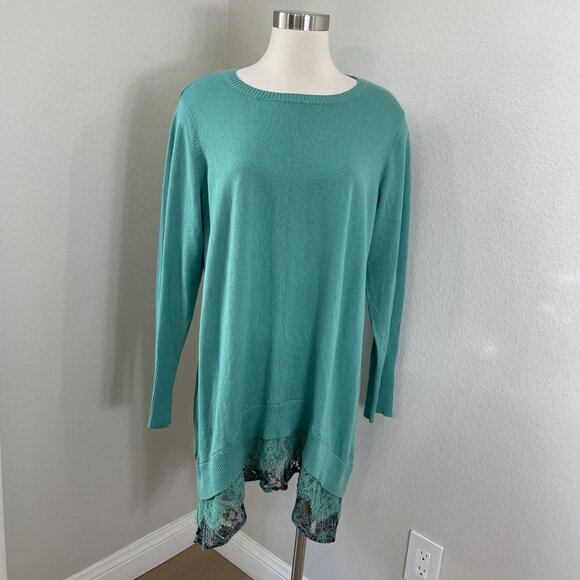 Logo Lori Goldstein Womens Plus 1X Green Tunic Sweater Lace Hem Knit Top - Picture 1 of 8